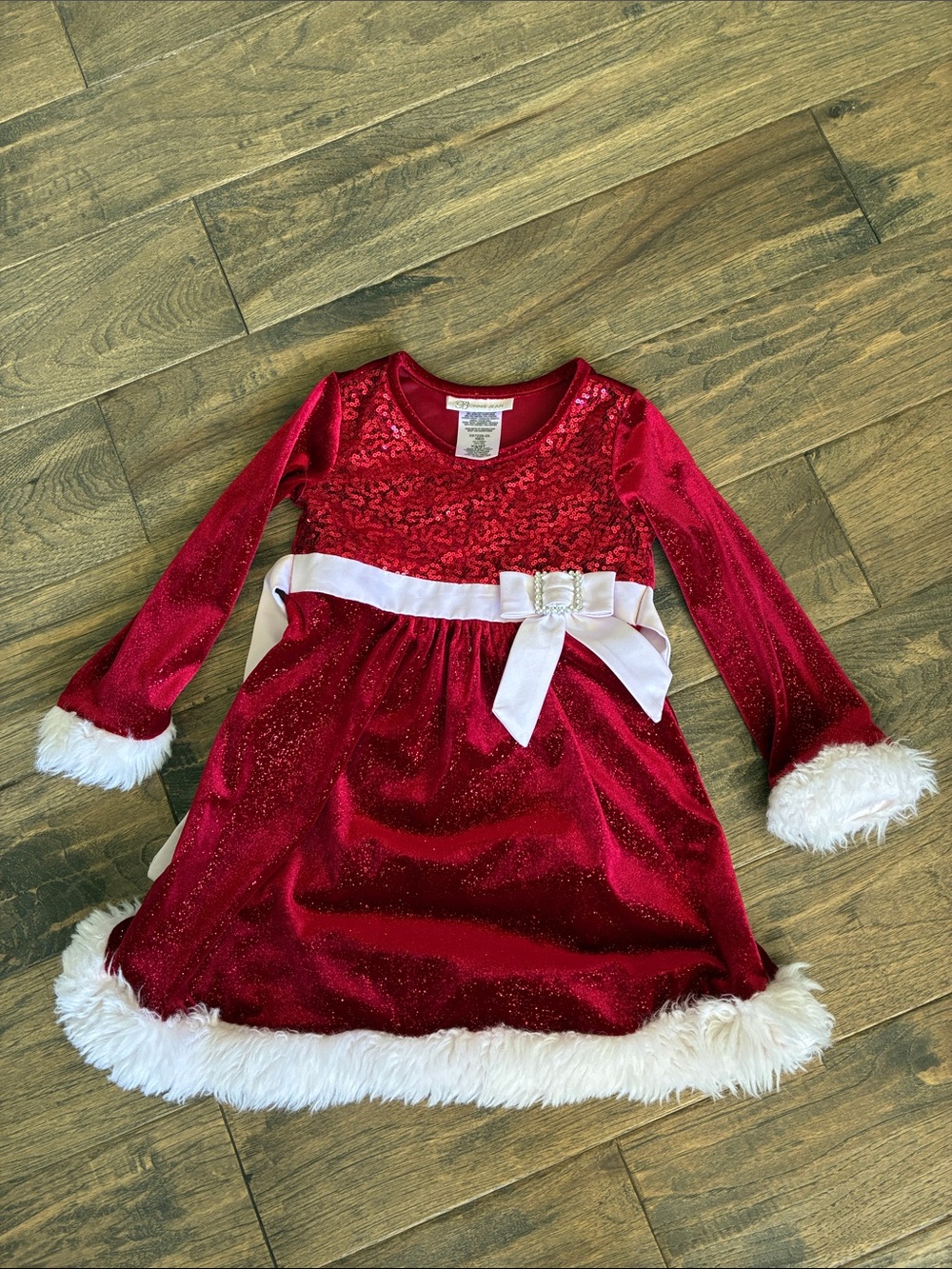 Bonnie Jean Red Velvet Dress with White Faux Fur Trim and Satin Bow